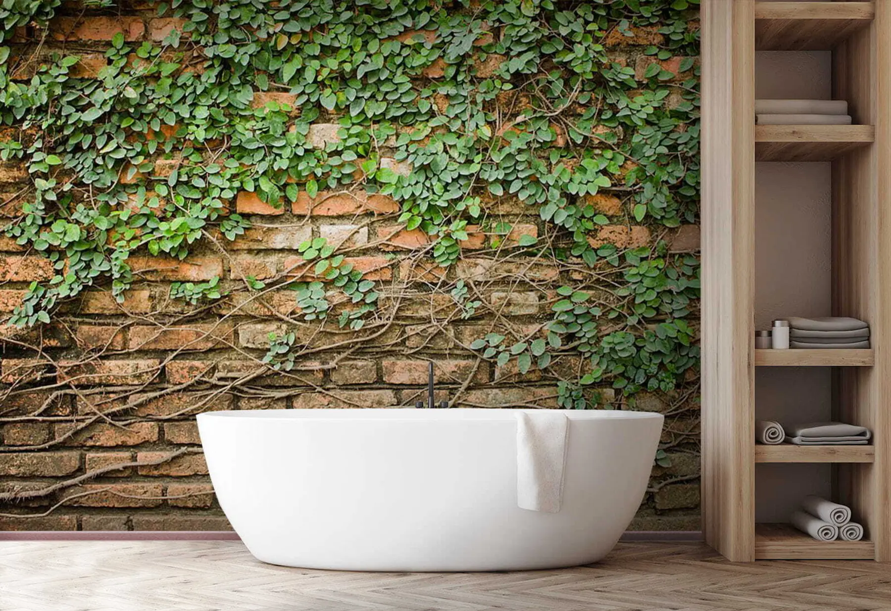 fototapet Perete de cărămidă cu tapet frunze u53037