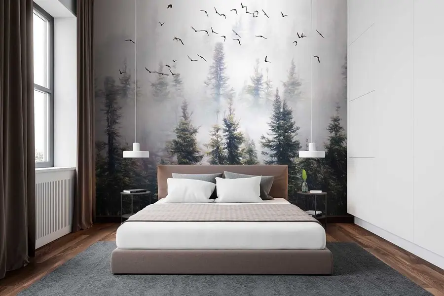 fototapet Pădure de ceață și păsări u32237