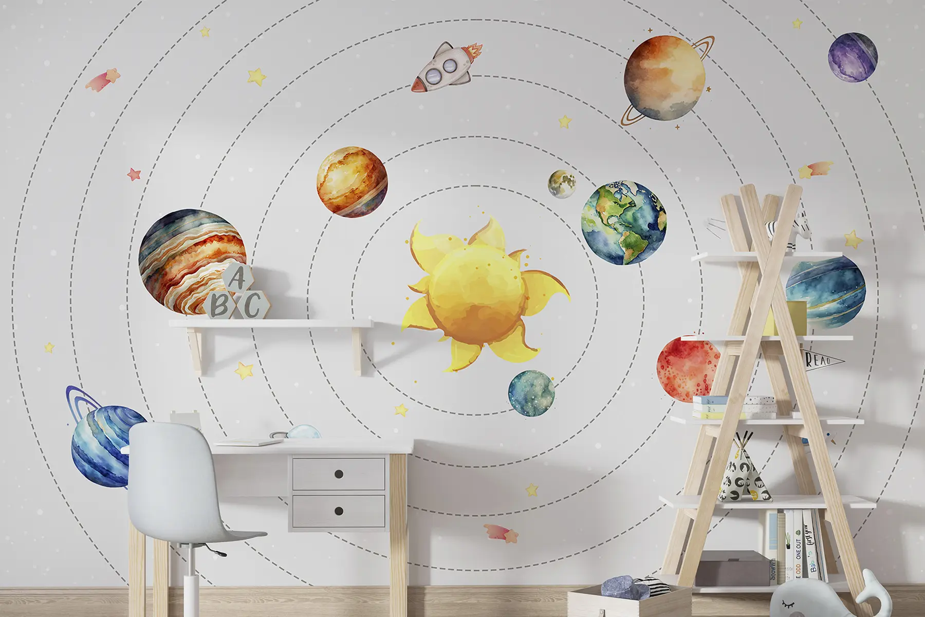 fototapet Sistem solar, planete, soare, rachetă, ufo, satelit, stele, fundal alb w00214