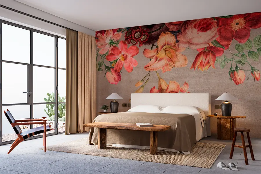 fototapet Botanică ilustrare buchet de flori încă de viață pe fundal maro w00427