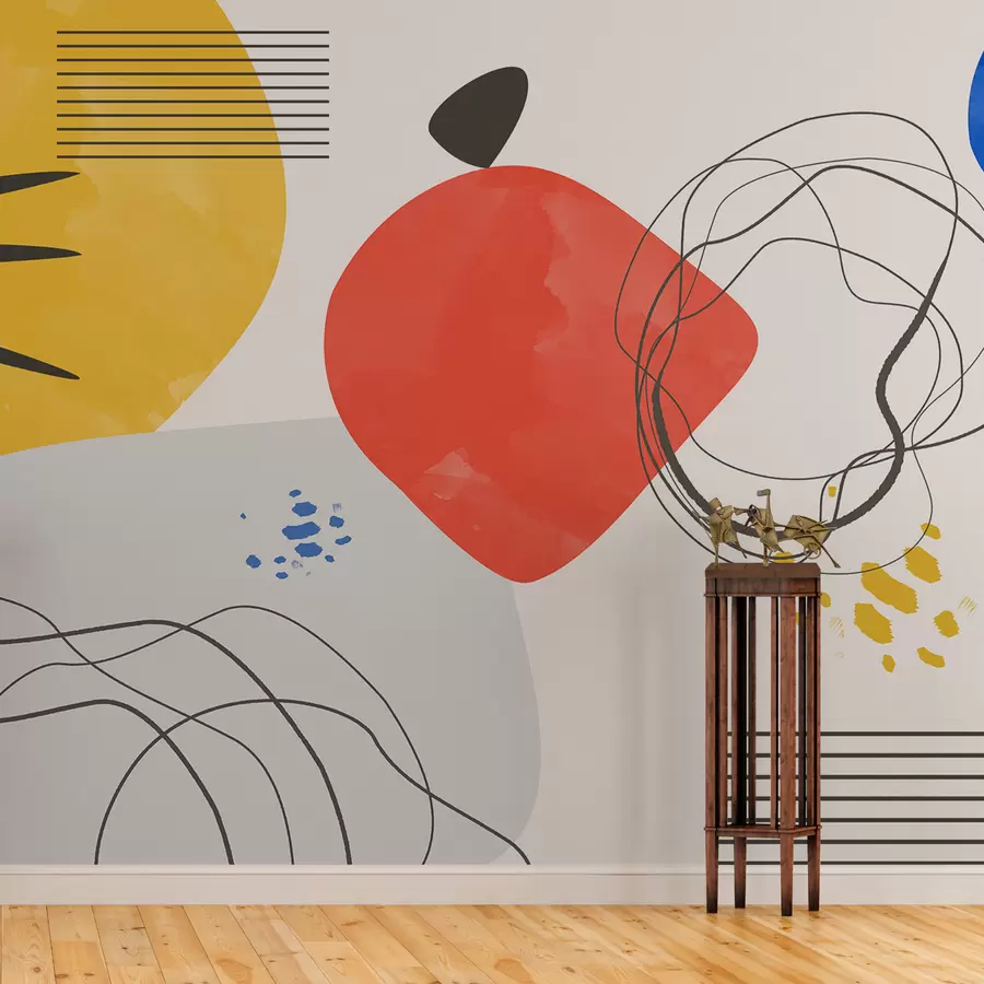 fototapet Abstracție modern, punct luminos, boho, geometrie, topografie, curbe, linii, roșu, galben, albastru, negru w00514