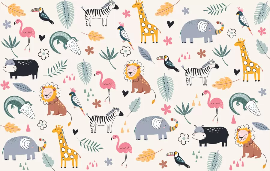fototapet animale, lei, girafe, elefanți, frunze, camera copilului w00555