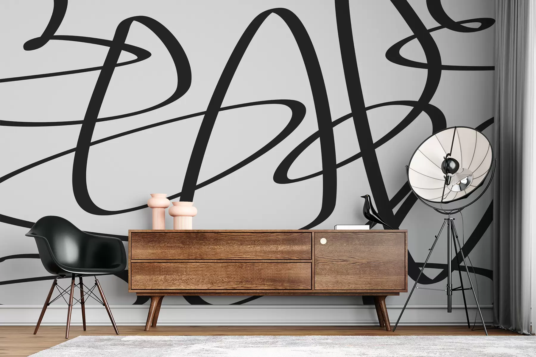 fototapet Linie răsucită continuă curbă neagră, cerneală, abstract w00583