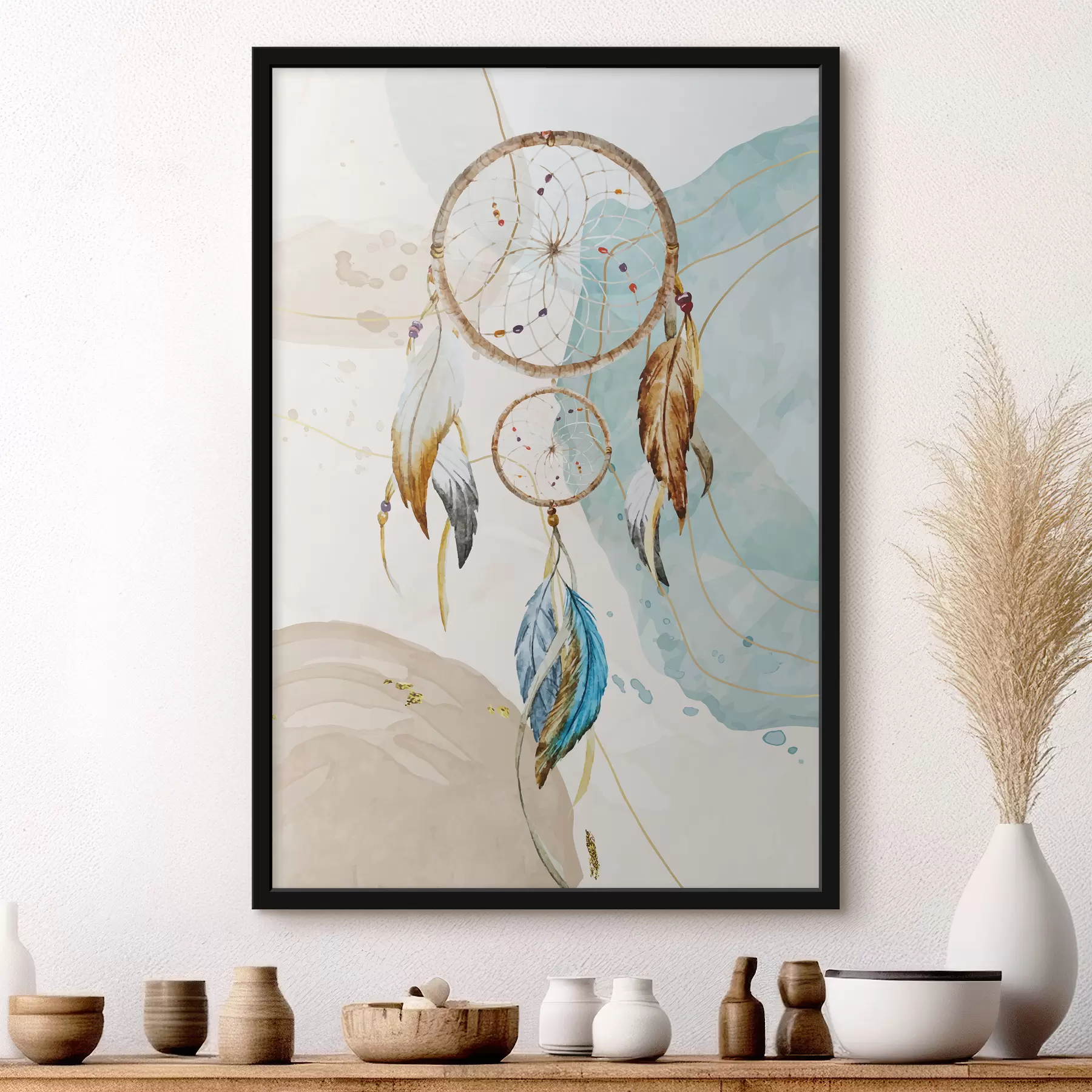 fototapet acuarelă, prinzător de vise, pene, pastel f38330