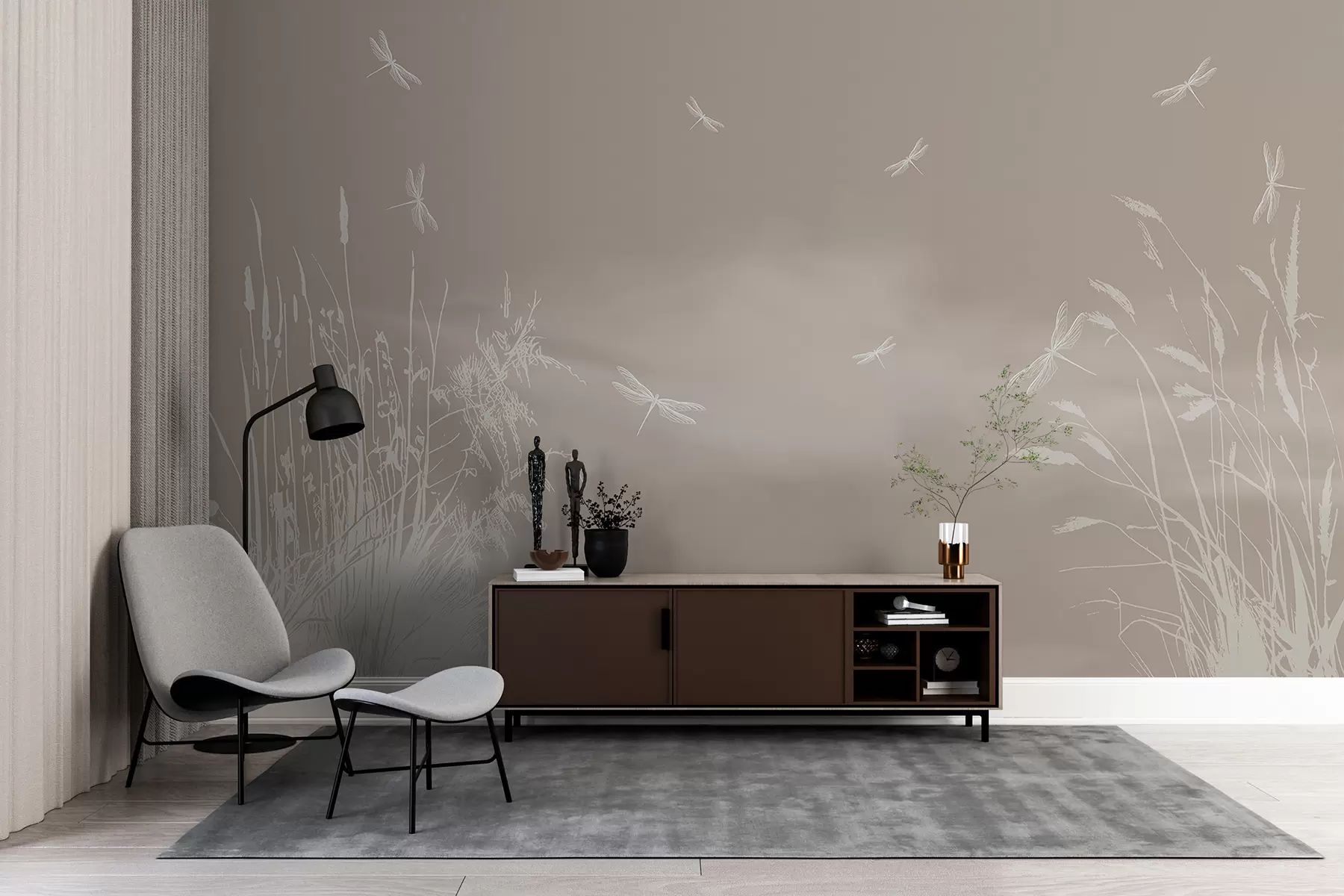 fototapet Siluetă de stuf și libelule pe fundal maro w00558