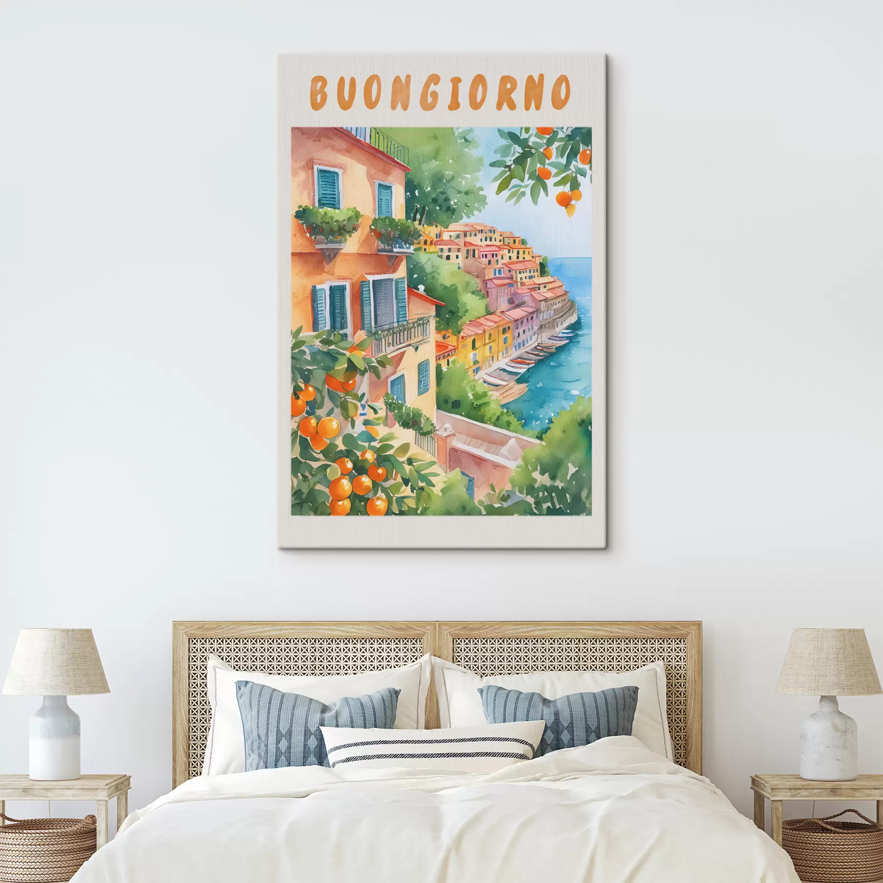 Tablouri Arhitectura orașului italian, coasta Amalfi, vară, acuarelă, lămâiță s38393