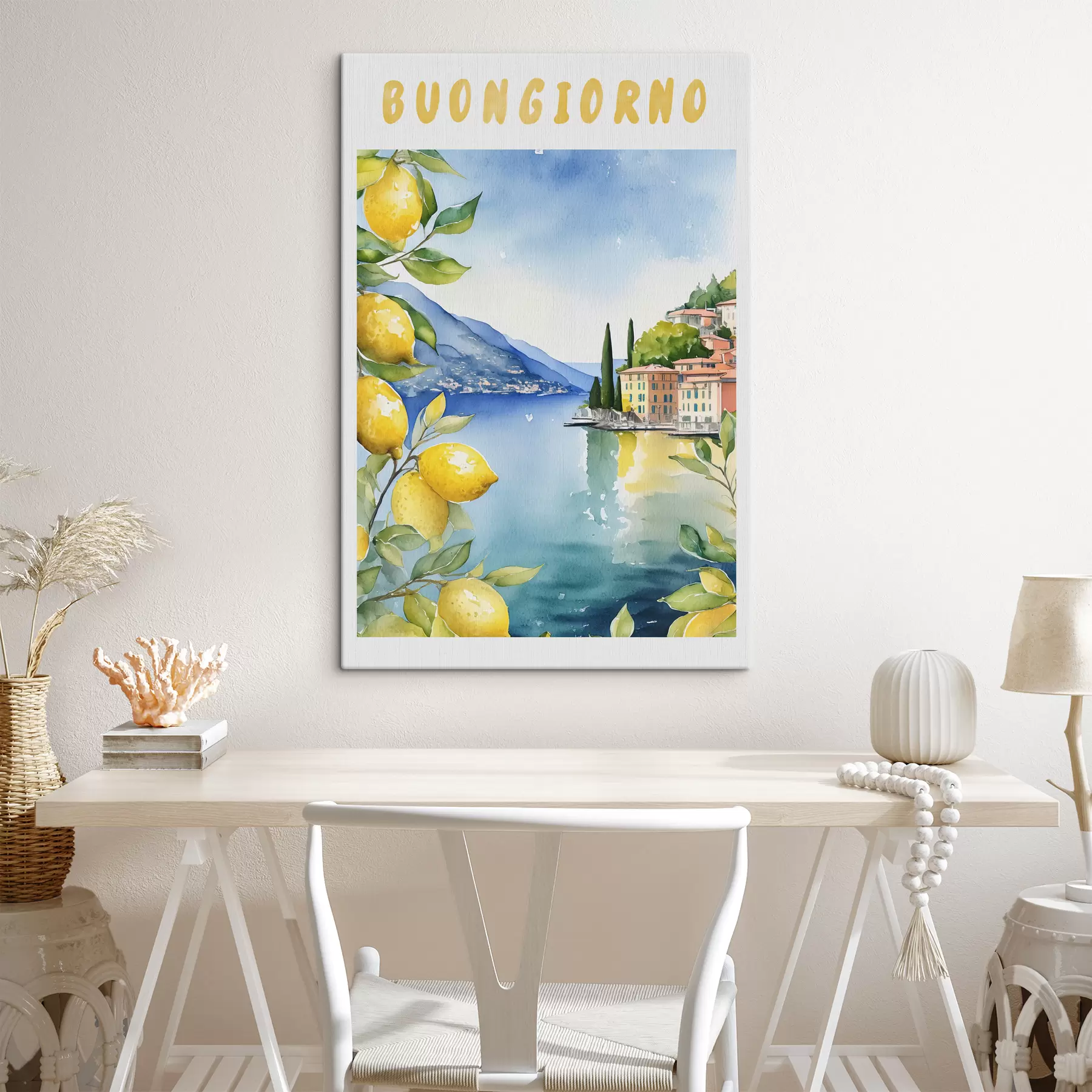 fototapet Lac italian, vară, acuarelă, peisaj natural, lămâi, arhitectura orașului s38394