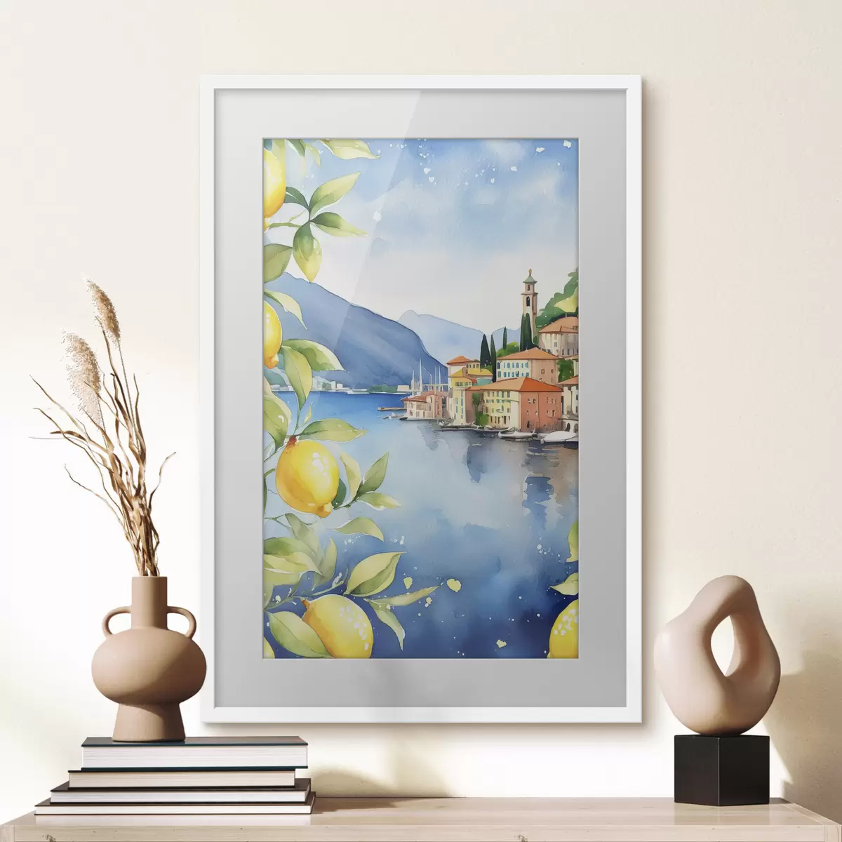 Poster Lac italian, vară, acuarelă, peisaj natural, lămâi, arhitectura orașului f38397