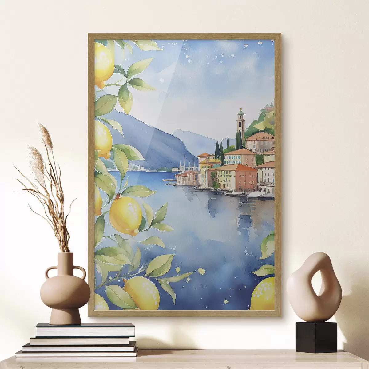 Poster Lac italian, vară, acuarelă, peisaj natural, lămâi, arhitectura orașului f38397