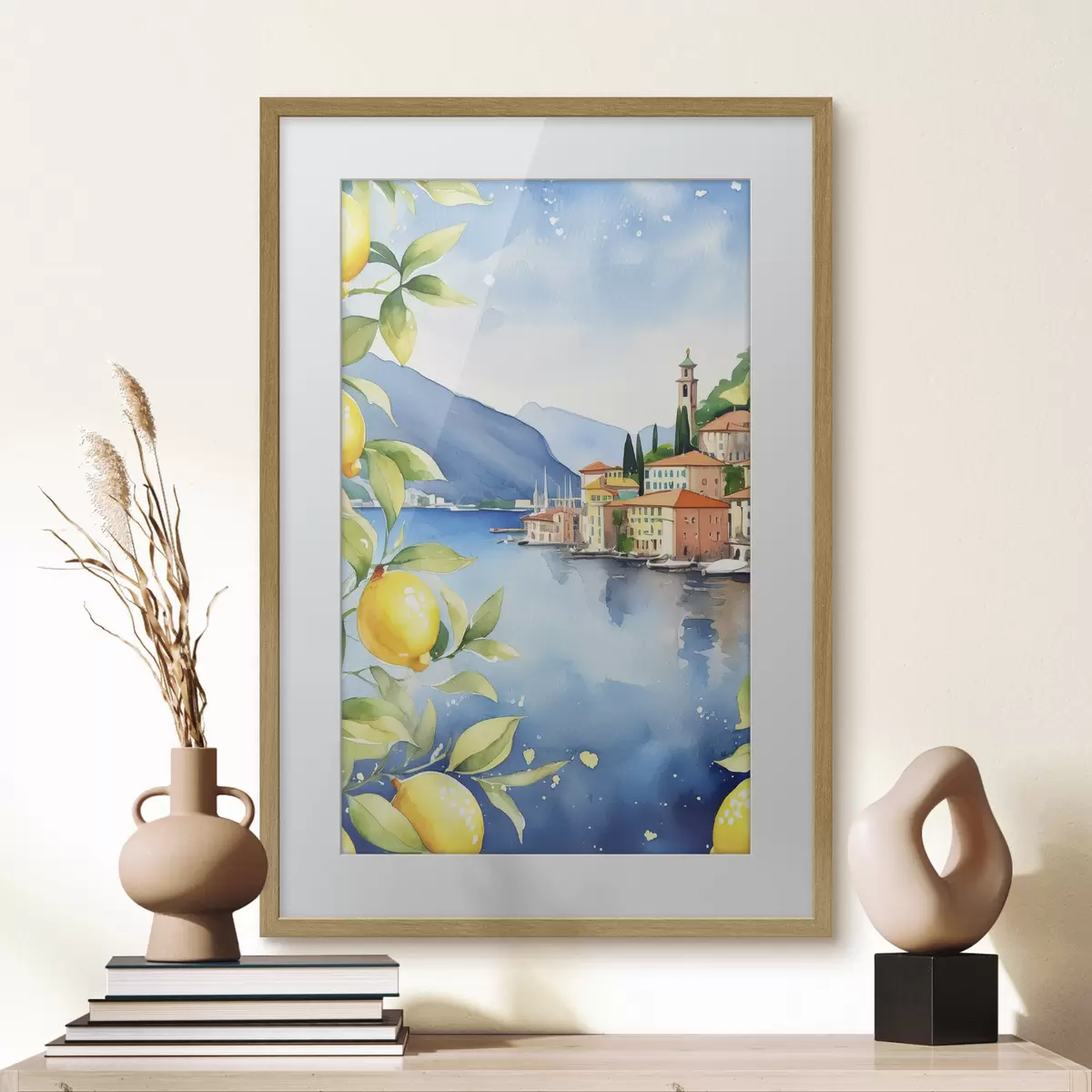 Poster Lac italian, vară, acuarelă, peisaj natural, lămâi, arhitectura orașului f38397