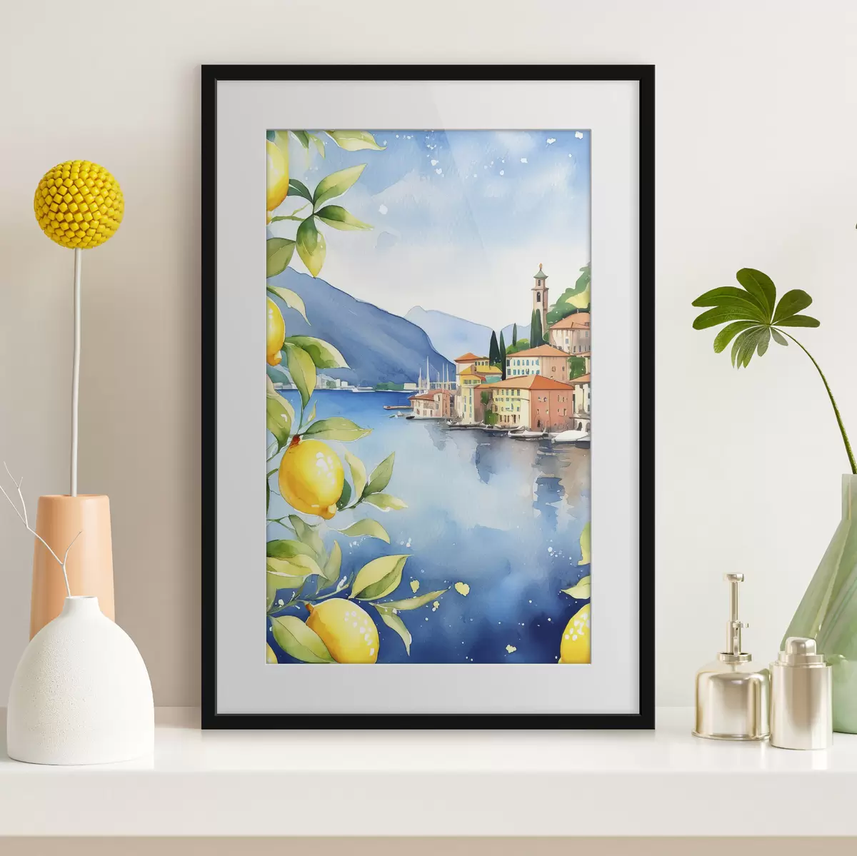 Poster Lac italian, vară, acuarelă, peisaj natural, lămâi, arhitectura orașului f38397