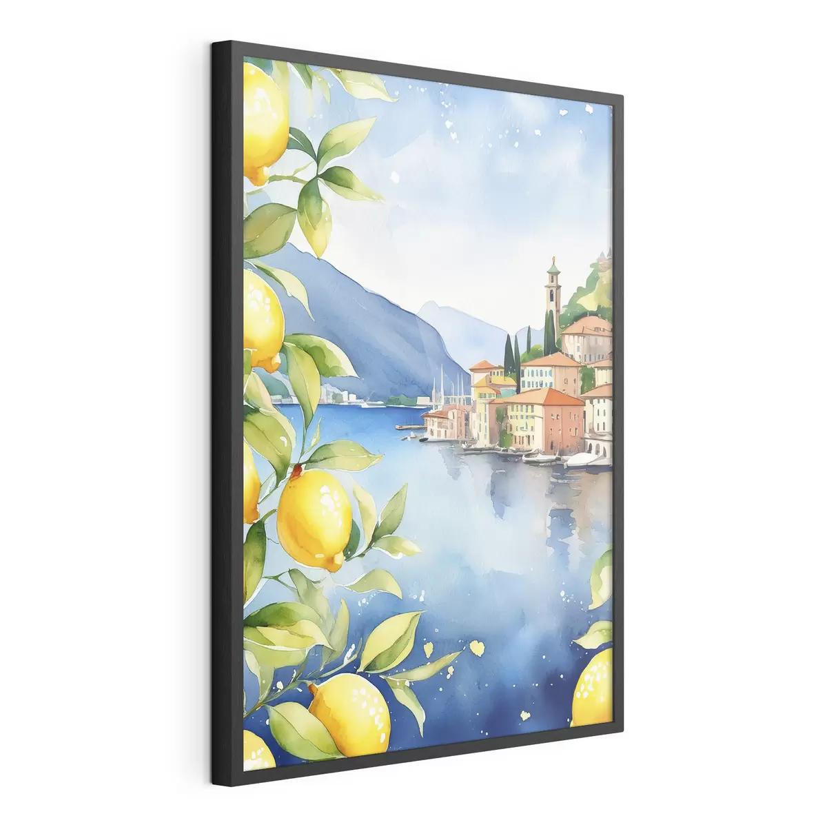 Poster Lac italian, vară, acuarelă, peisaj natural, lămâi, arhitectura orașului f38397