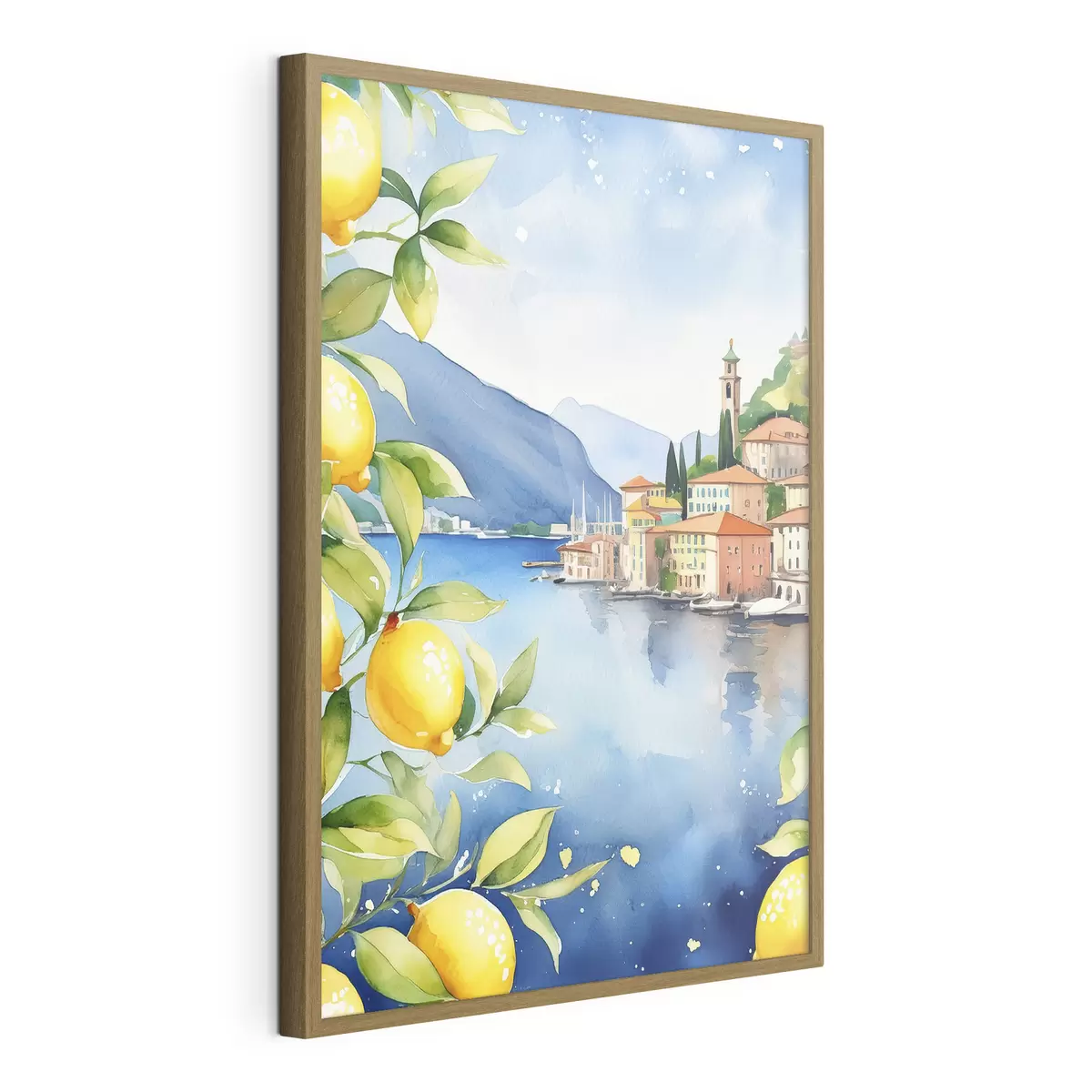 Poster Lac italian, vară, acuarelă, peisaj natural, lămâi, arhitectura orașului f38397