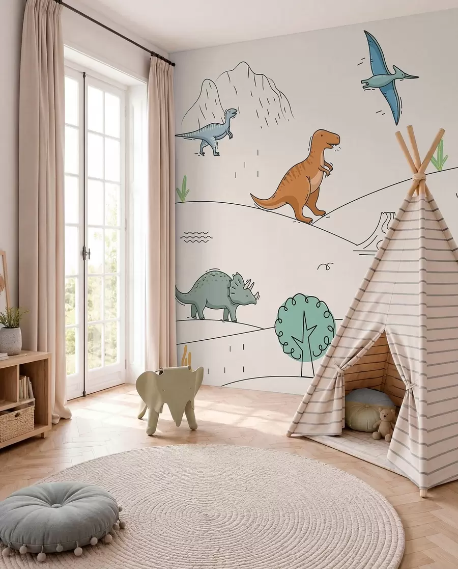 fototapet Dinozauri colorați pe dealuri w00637