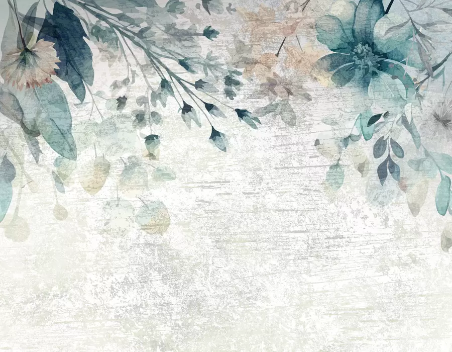 fototapet Flori mari albastre și albe, frunze și ramuri pe un perete texturat w00697