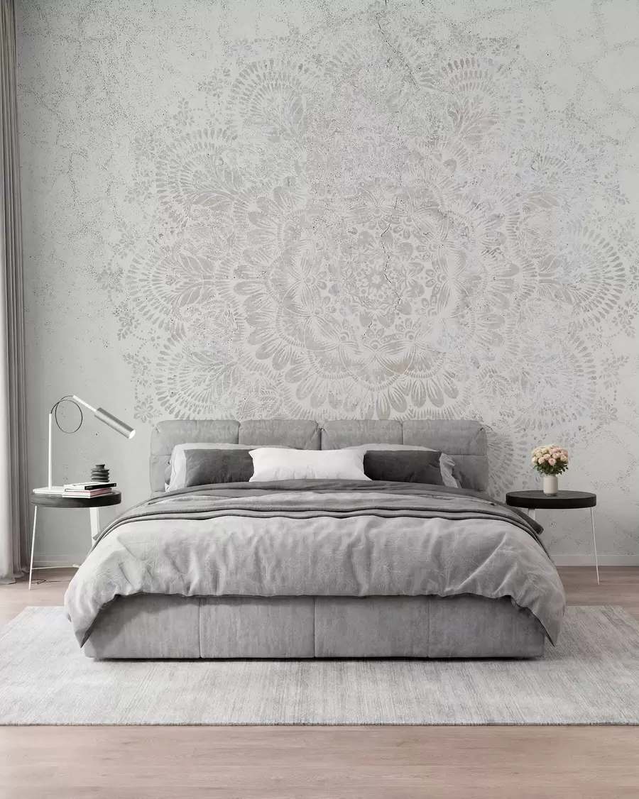 fototapet Mandala, model de dantelă albă cu motive florale și circulare, creând un design delicat și complex w00737