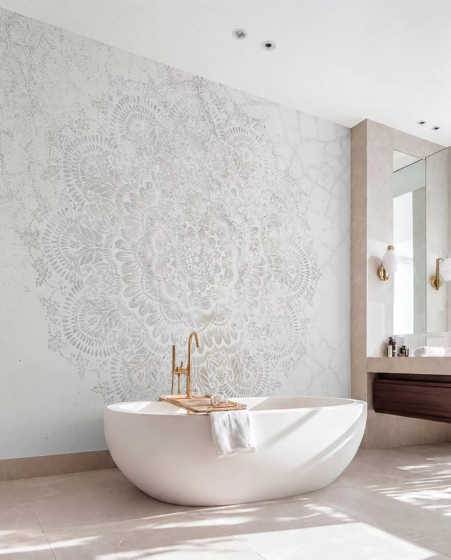 fototapet Mandala, model de dantelă albă cu motive florale și circulare, creând un design delicat și complex w00737