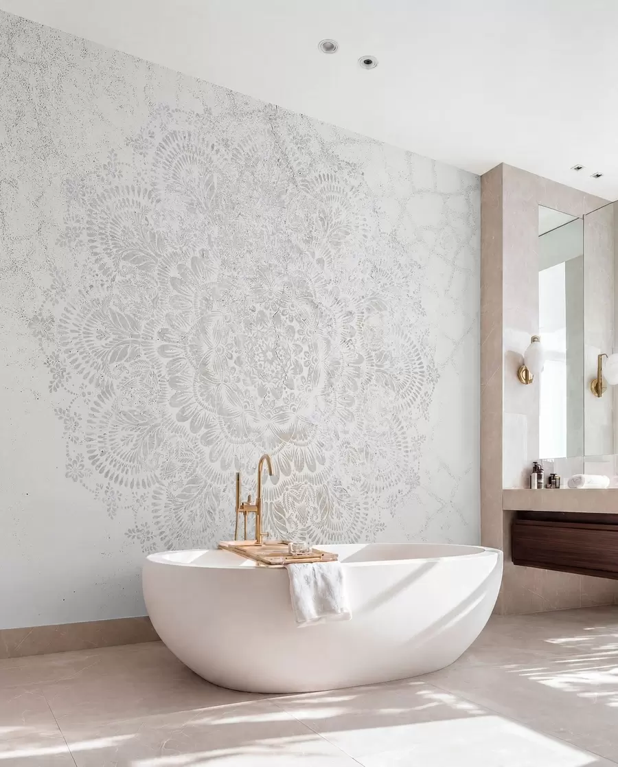 fototapet Mandala, model de dantelă albă cu motive florale și circulare, creând un design delicat și complex w00737