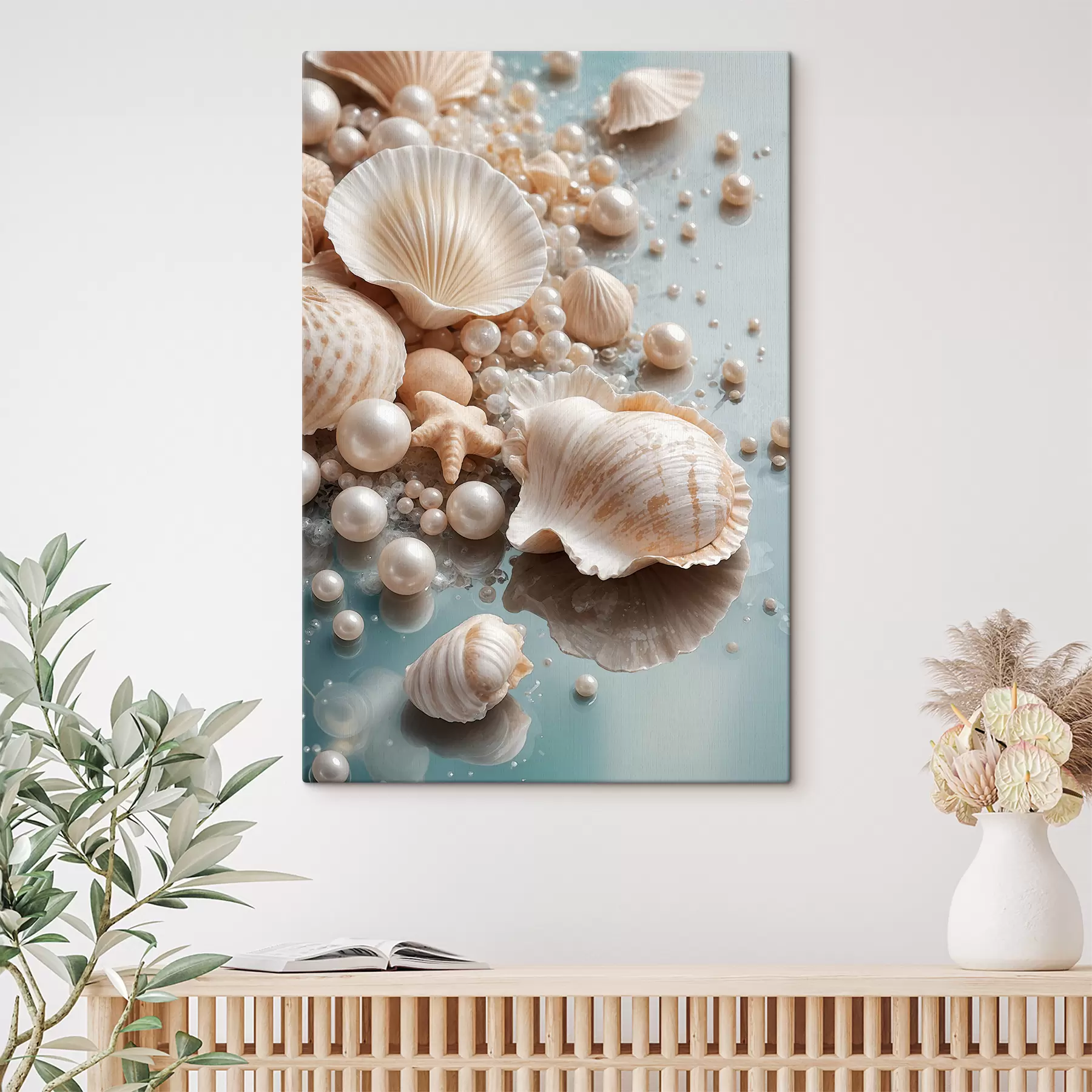 fototapet Scoici asortate și perle pe un fundal albastru deschis s38769