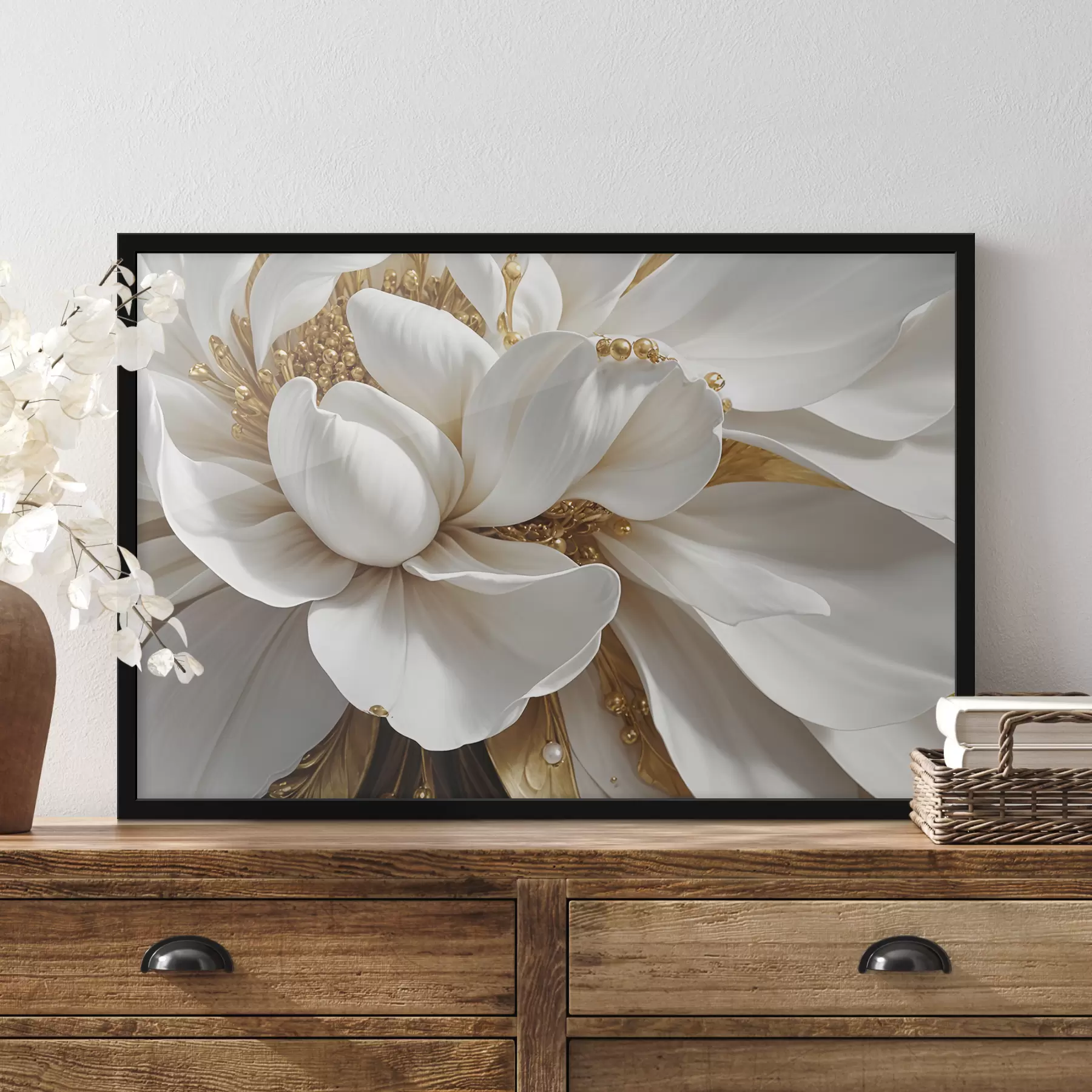 fototapet Un prim-plan al unei flori albe mari cu petale delicate și stamine în centru minimalism f38762