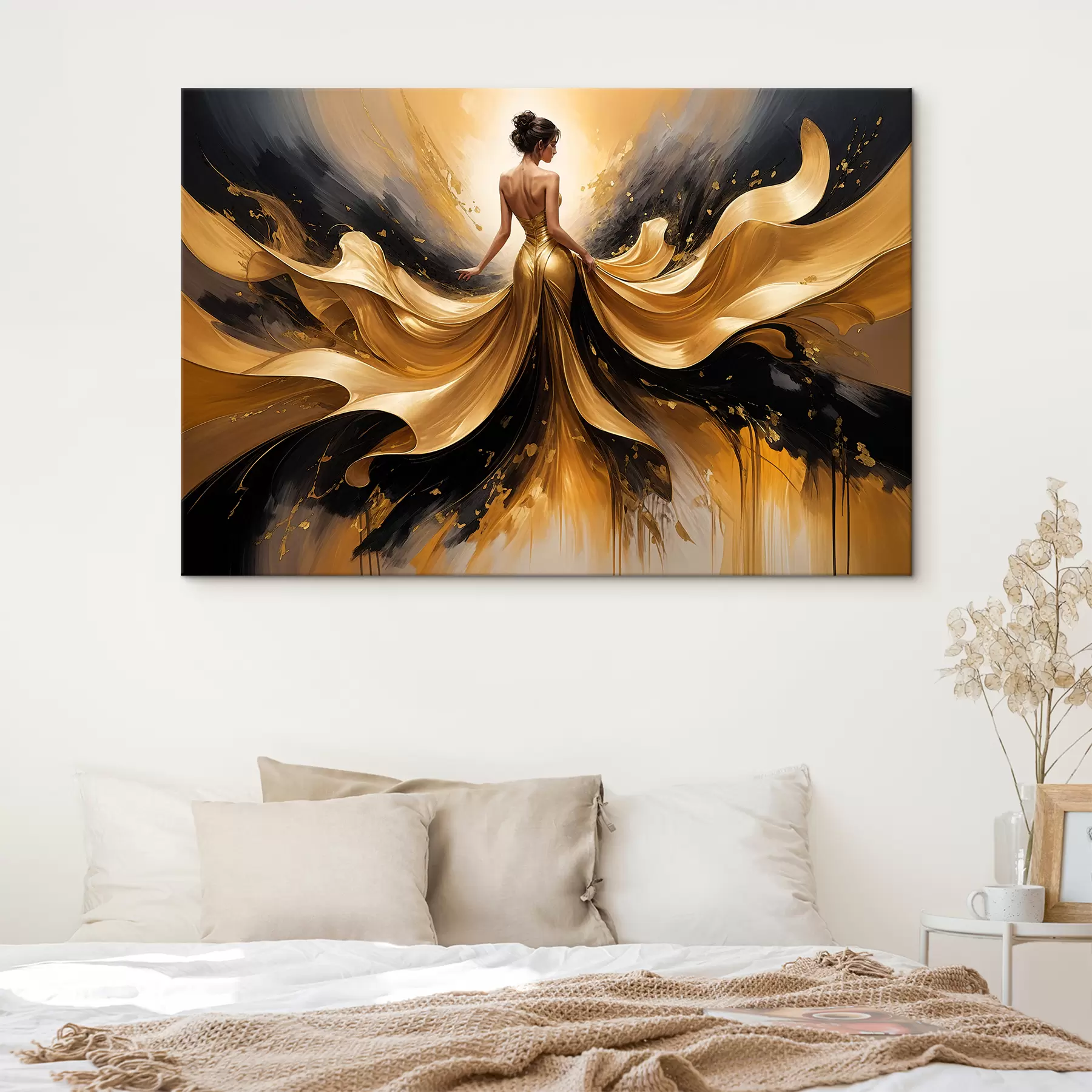 fototapet Un buchet de crini albi într-o vază de ceramică albastră și albă pe fundal albastru pictură în ulei natura statică s38820