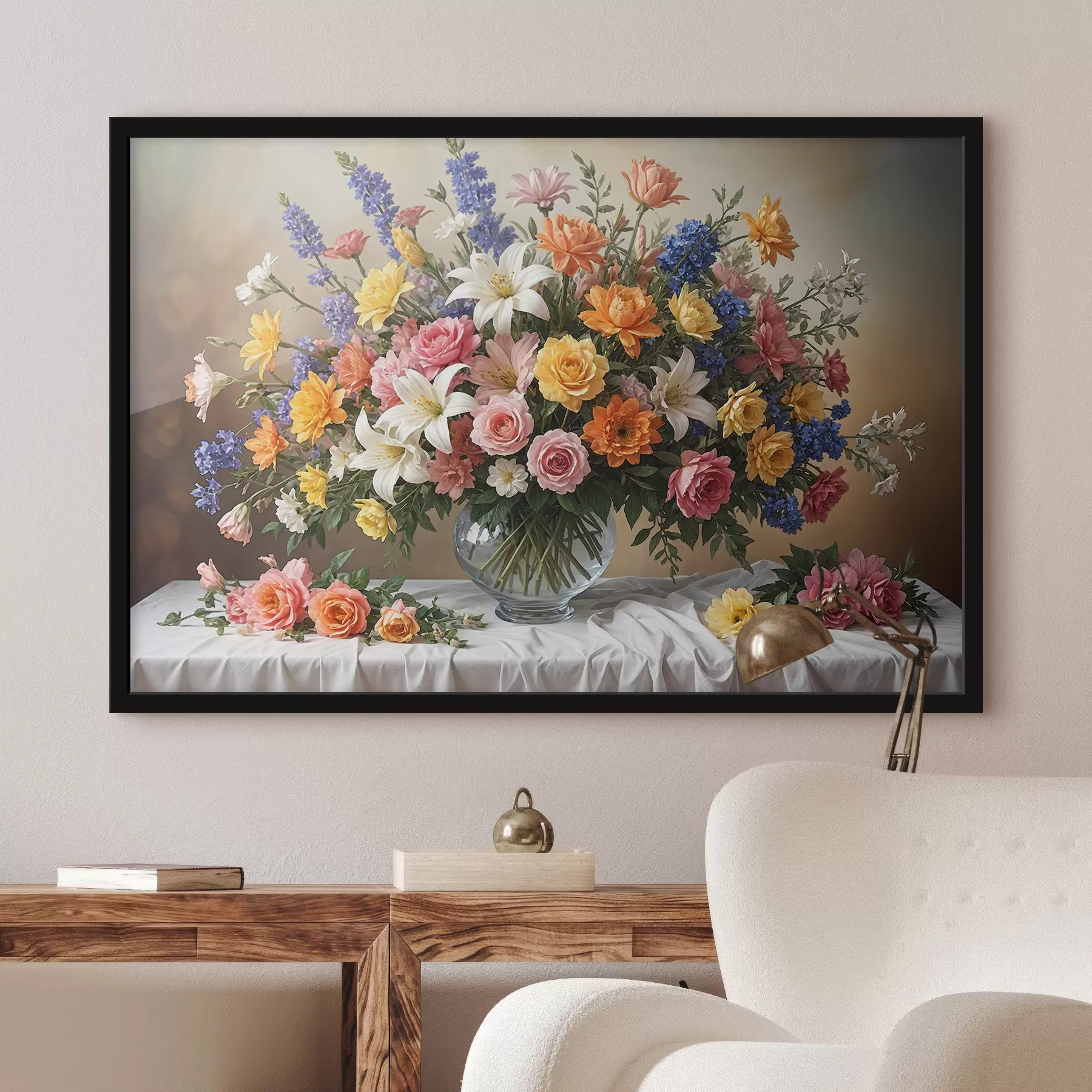 fototapet Un buchet vibrant de diverse flori colorate într-o vază de sticlă pe o față de masă albă artă pictura vintage f38825