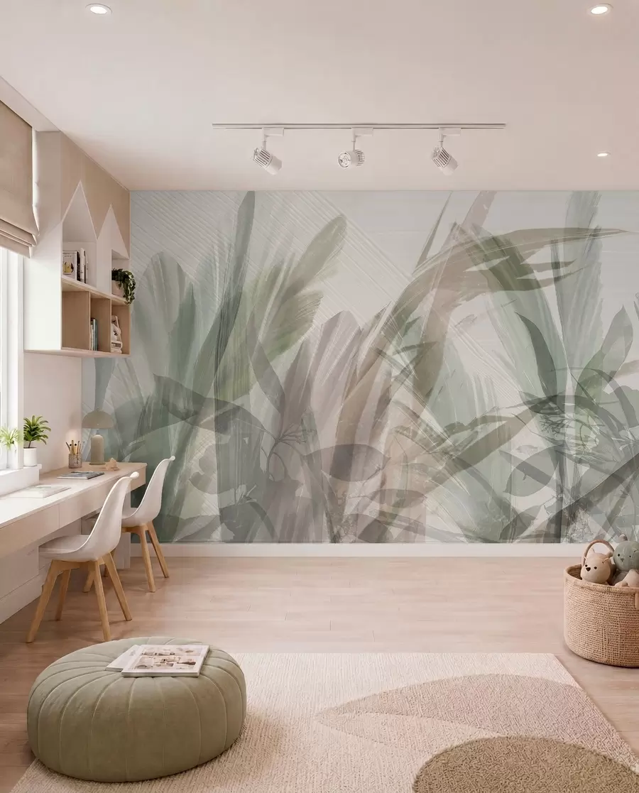 fototapet Multicompoziție abstractă de forme neclare de frunze tropicale asemănătoare ierbii în nuanțe de verde deschis și gri w00798