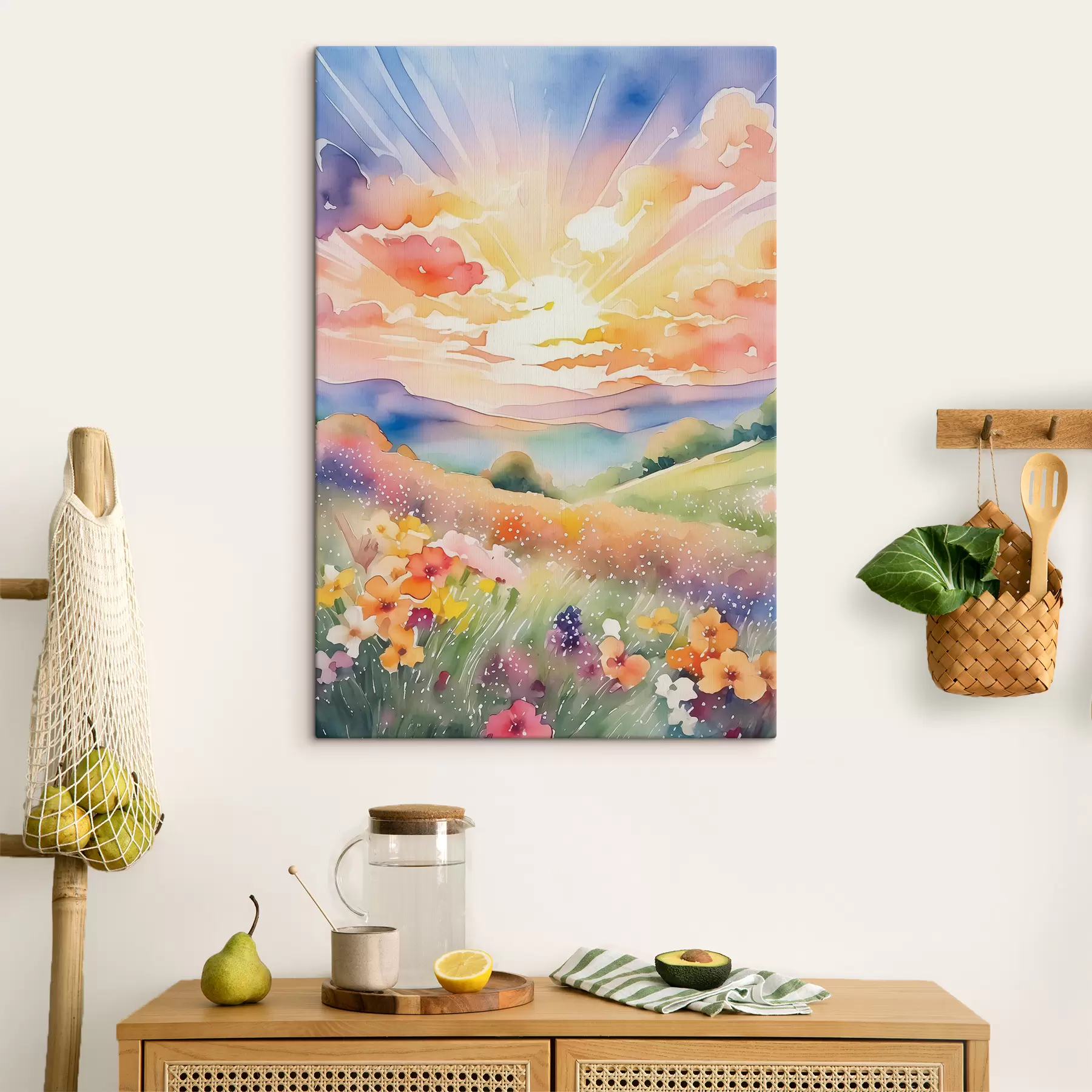 Tablouri Apus de soare în câmpul de vară, flori, soare, cer colorat, nori, natură s38842