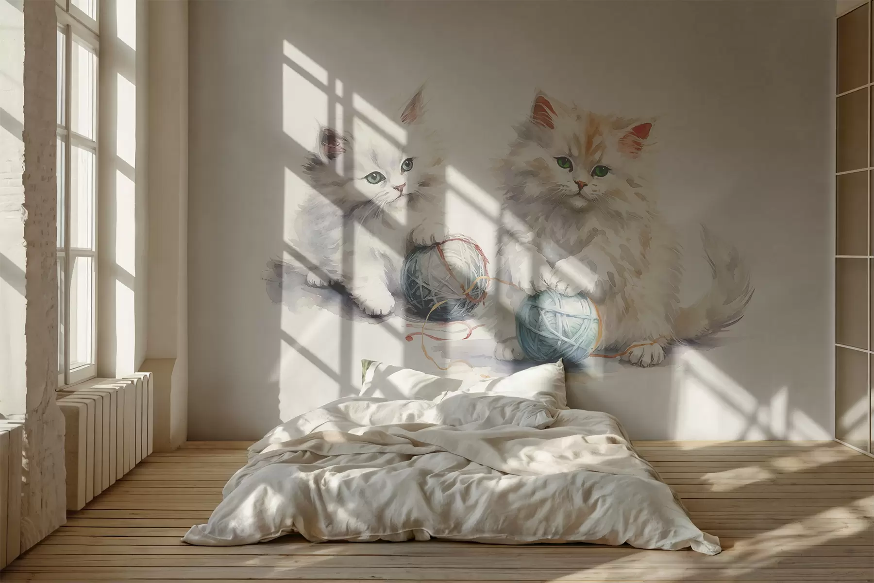 fototapet Pisici albe pufoase cu o minge albastră de fir, acuarelă w00843