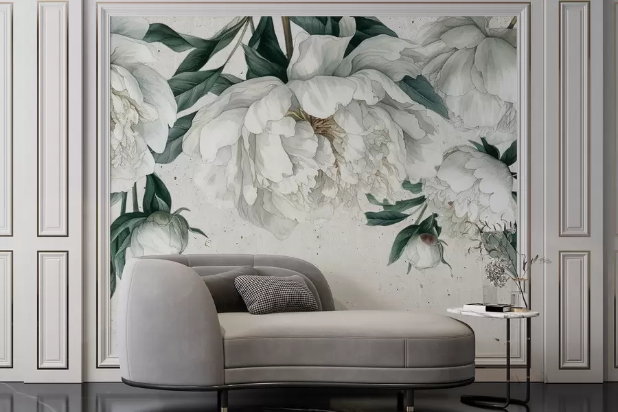 fototapet Bujori mari albe cu frunze verzi pe un fundal ușor texturat w00837