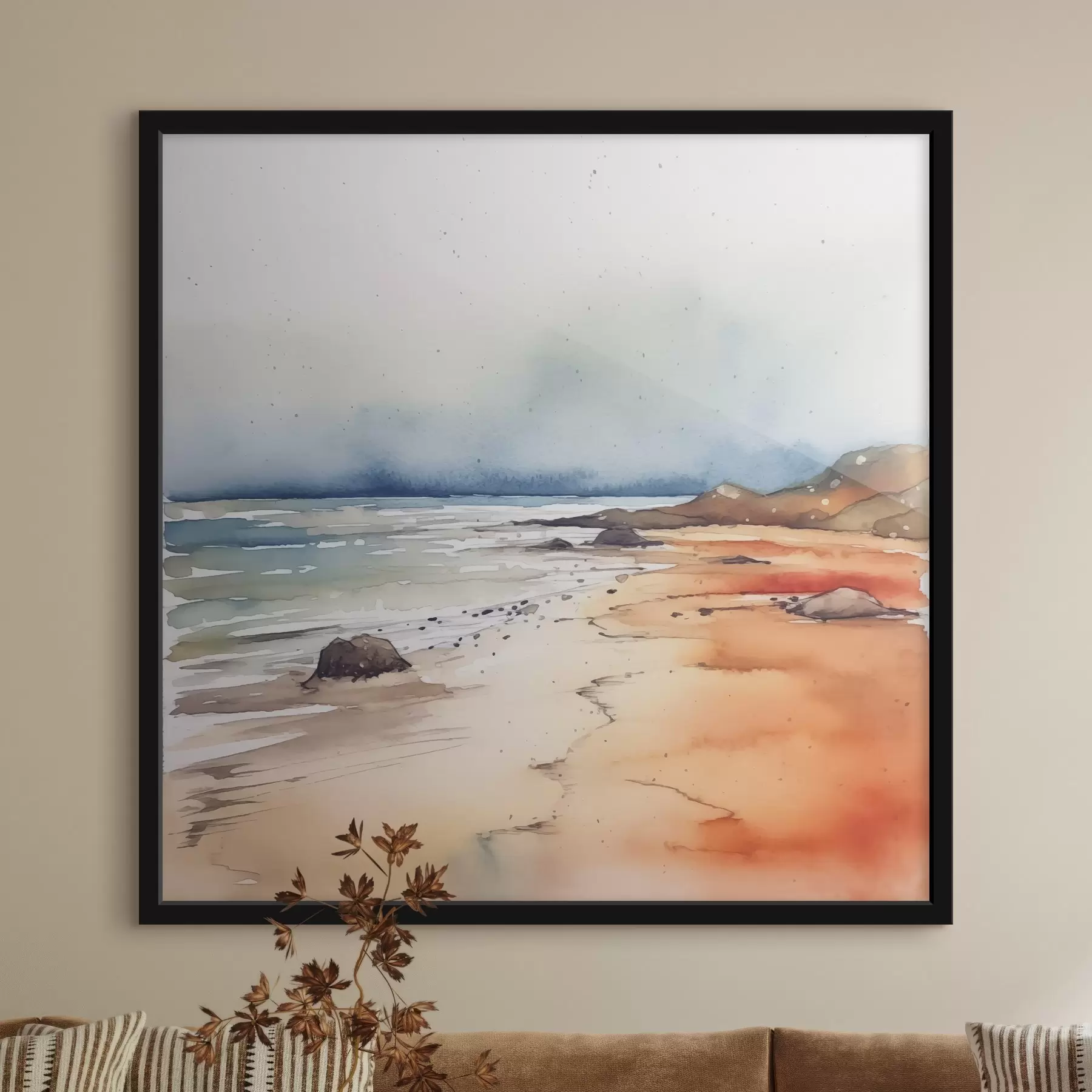 fototapet Mare și plajă, ploaie, acuarelă, pete, peisaj, peisaj, albastru, portocaliu culoare f38936