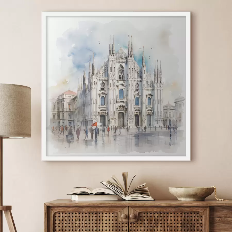 fototapet Milano Duomo, arhitectură, oraș, ploaie, acuarelă, albastru, gri, oameni pe jos f38938
