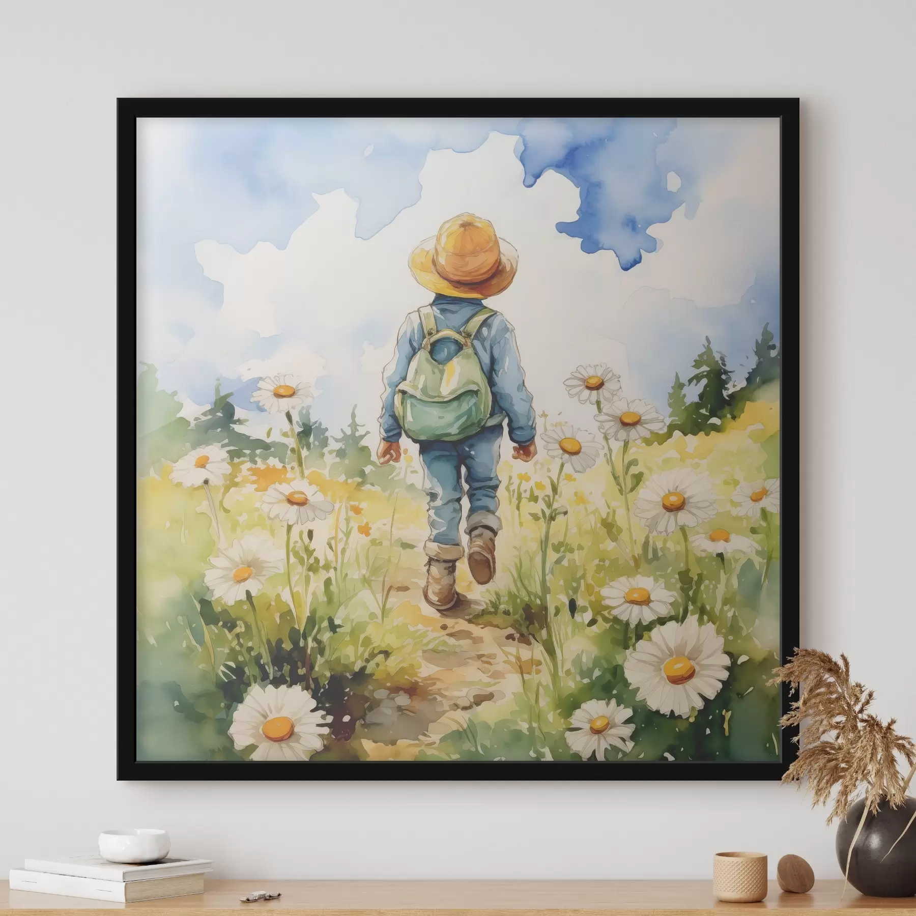 fototapet Un băiat cu o pălărie de cowboy cu un rucsac verde în spate și un costum albastru merge de-a lungul unei căi într-un câmp de mușețel, acuarelă f38946