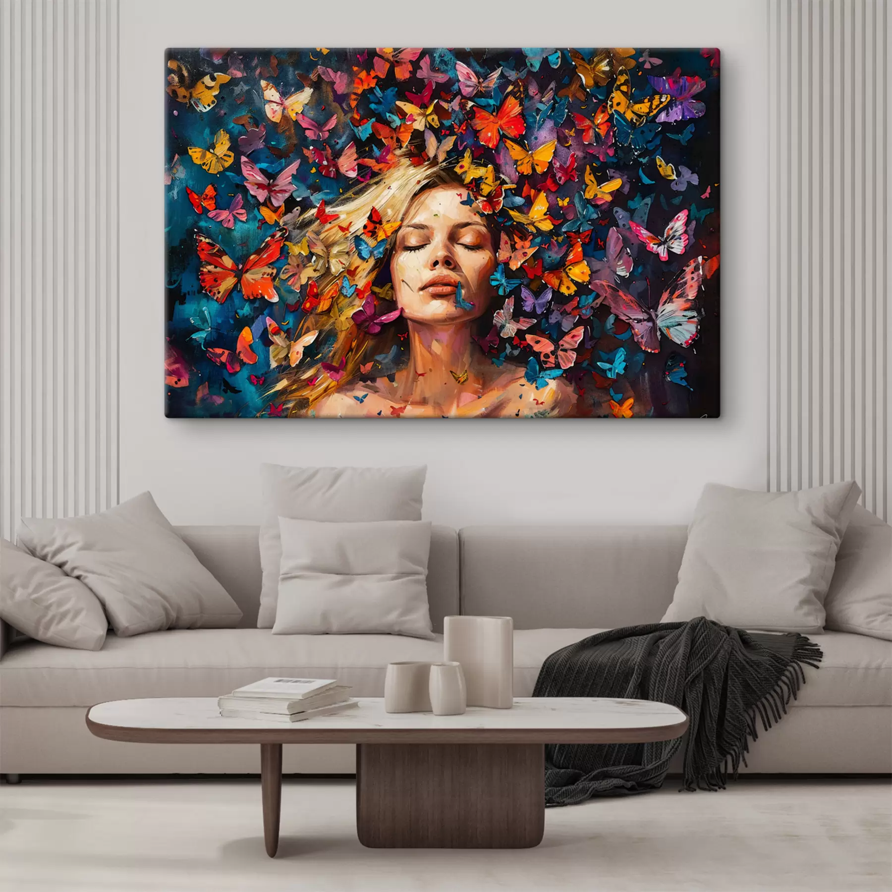 fototapet Pictură în ulei a unei femei tinere înconjurată de un roi de fluturi colorați pe un fundal întunecat s38972