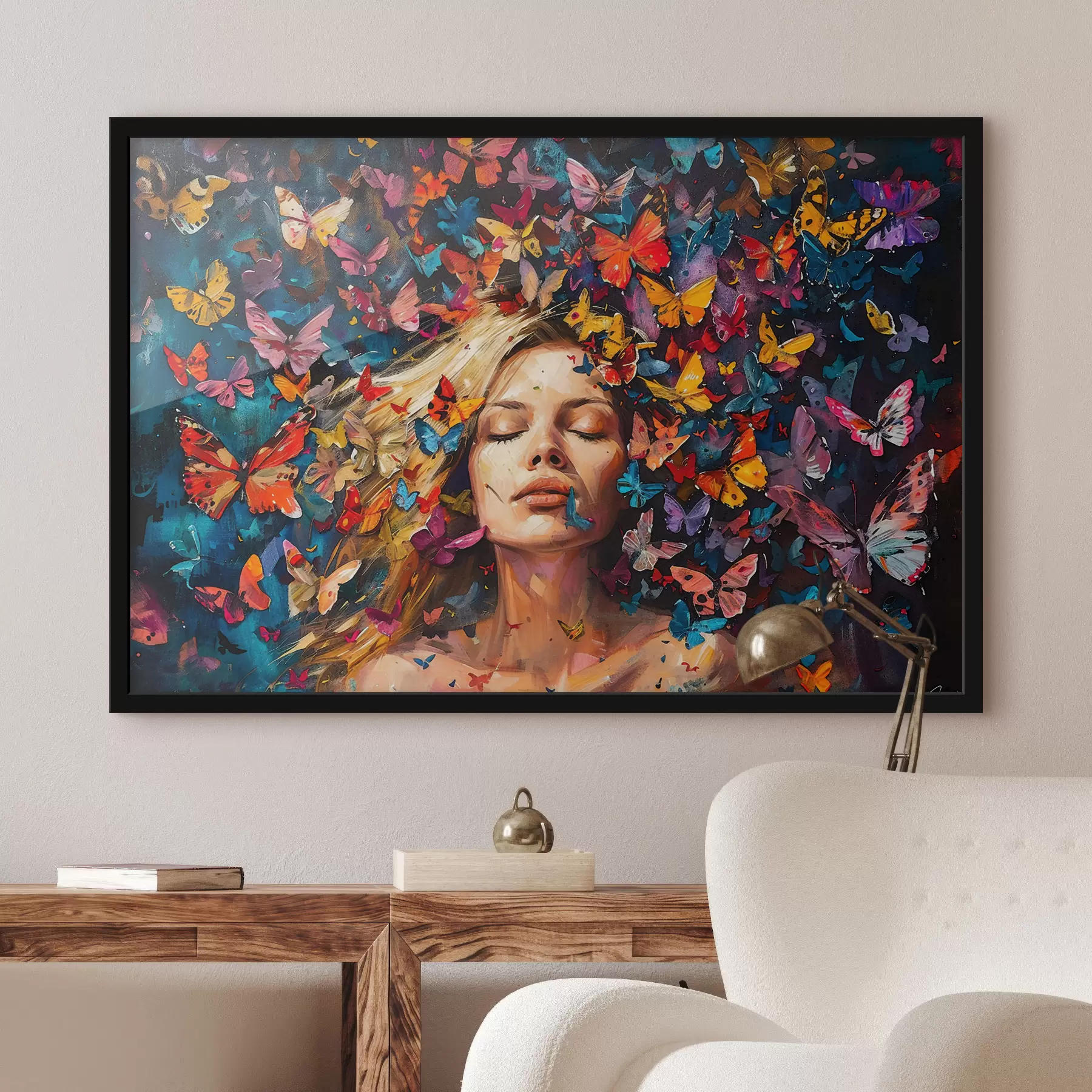 fototapet Pictură în ulei a unei femei tinere înconjurată de un roi de fluturi colorați pe un fundal întunecat f38972