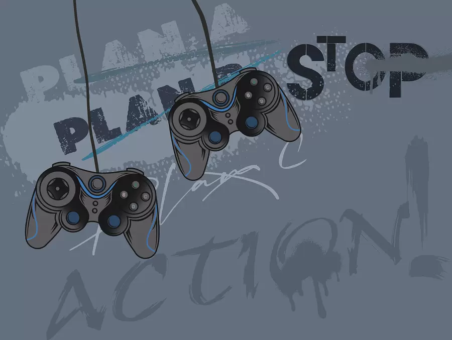 fototapet Tapet pentru copii pentru adolescent cu joystick-uri și litere grafice în albastru w00829