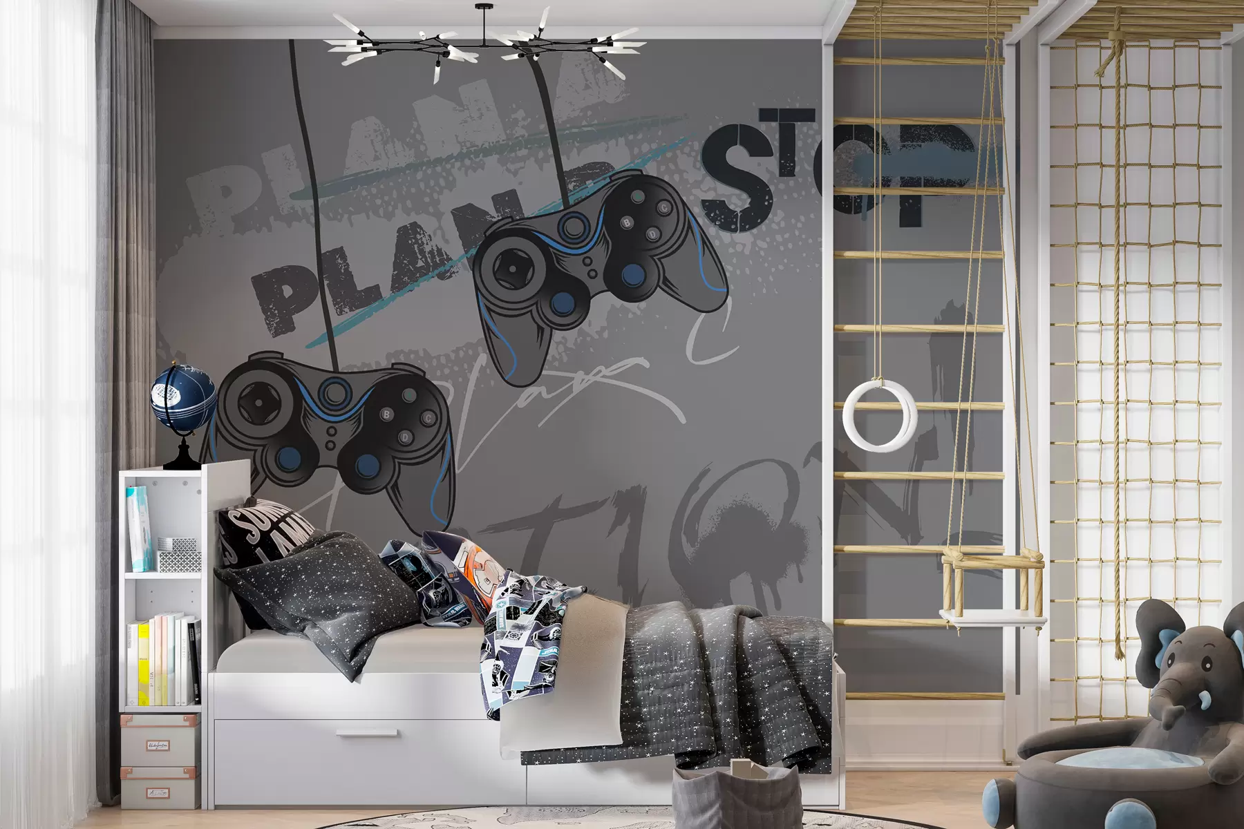 fototapet Tapet pentru copii pentru adolescent cu joystick-uri și litere grafice în gri w00829v1