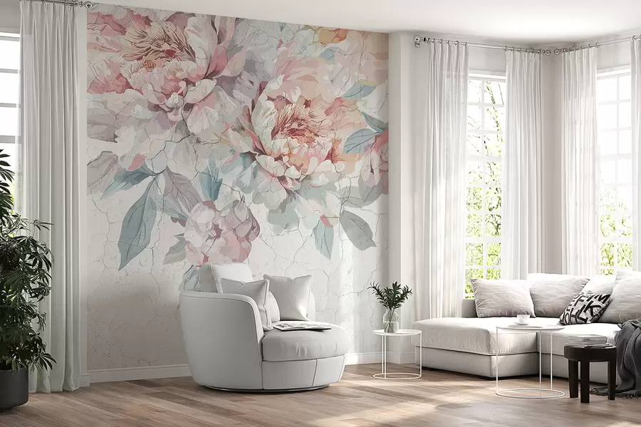 fototapet Un buchet de flori mari, roz pastel și albe, cu frunze verzi, pe un fundal deschis w00896