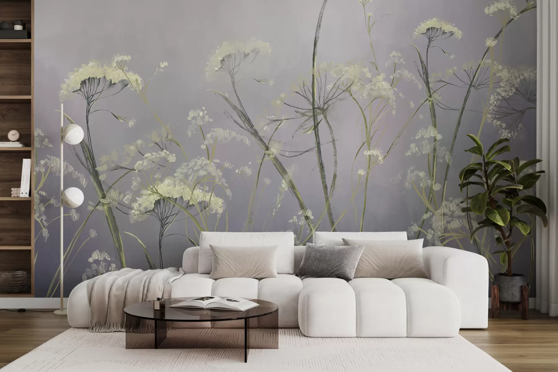 fototapet Flori sălbatice albe într-un câmp încețoșat cu fundal gri blând, neclar w00903
