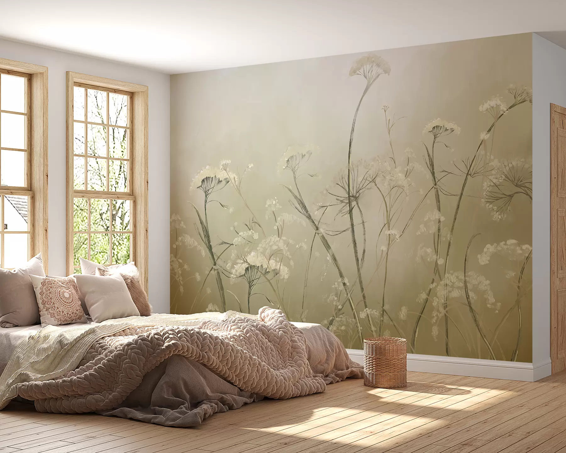 fototapet Flori sălbatice albe într-un câmp cețos cu fundal sepia moale, estompat w00903v1