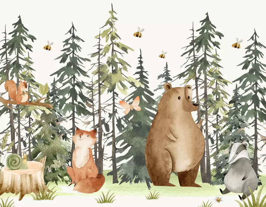 fototapet O scenă de pădure cu animale și diverși pini în fundal w00905