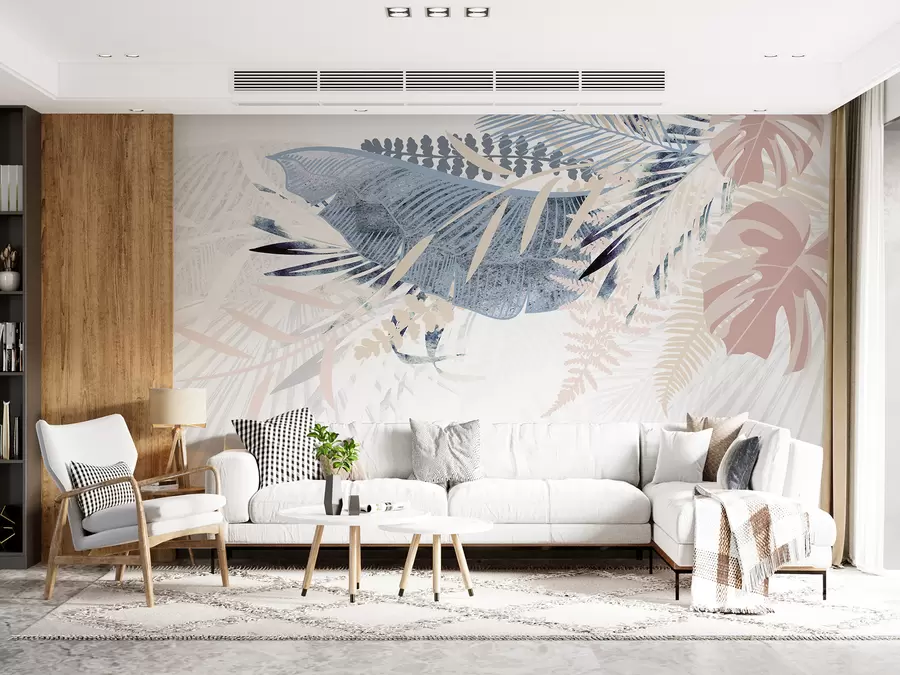 fototapet Design botanic modern tropical texturat model de frunze de palmier cu diferite nuanțe de albastru, gri și roz w00908