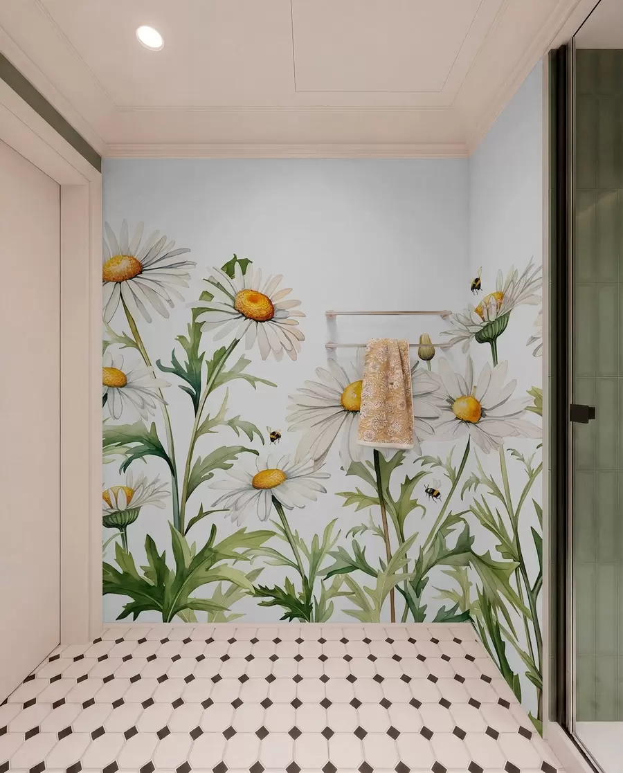 fototapet Alb margarete înflorire, albine zboară acuarelă planta ilustrare, verde, alb, galben culoare w01176
