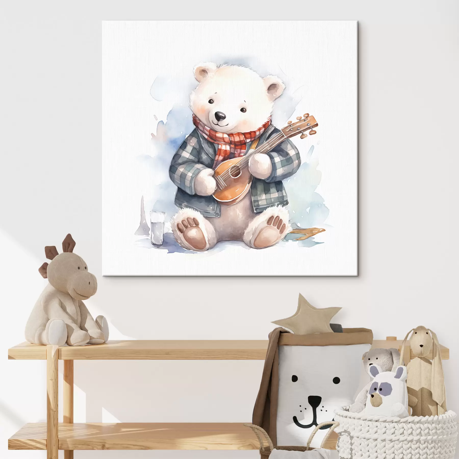 Tablouri Polar urs muzician într-un costum albastru în carouri și eșarfă roșie joacă chitara copii acuarelă ilustrare s39120