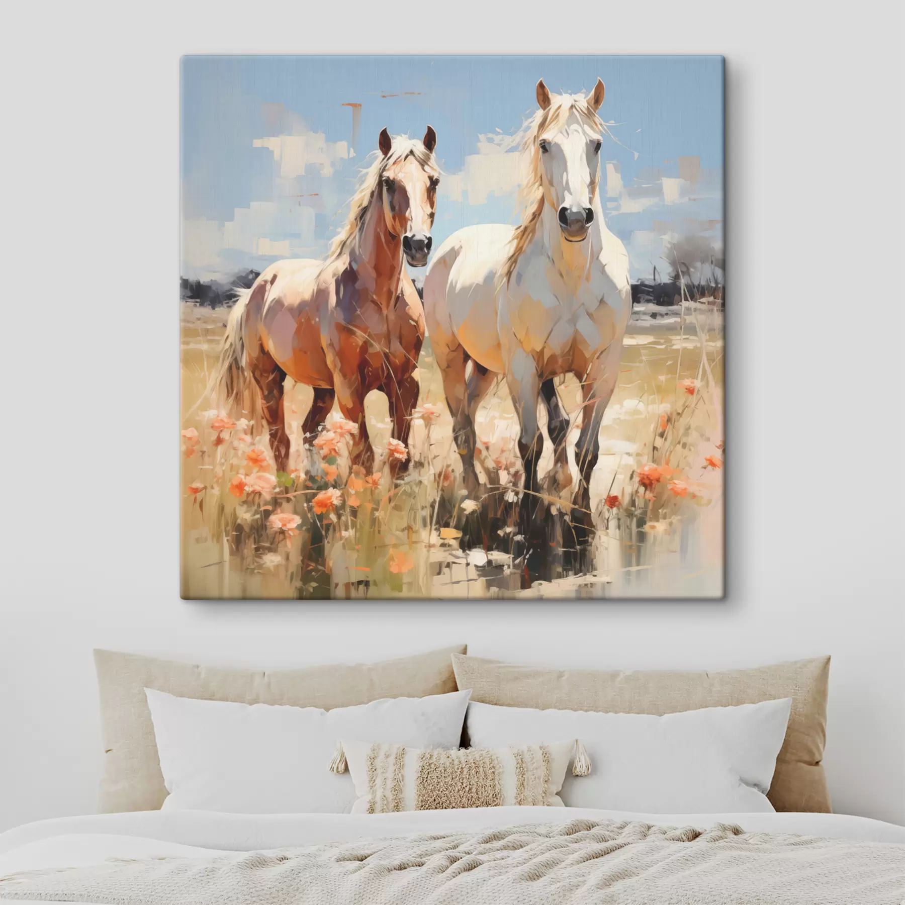 fototapet Cai albi și maro pasc într-o pajiște printre flori sălbatice pictură în ulei artă abstractă s39187