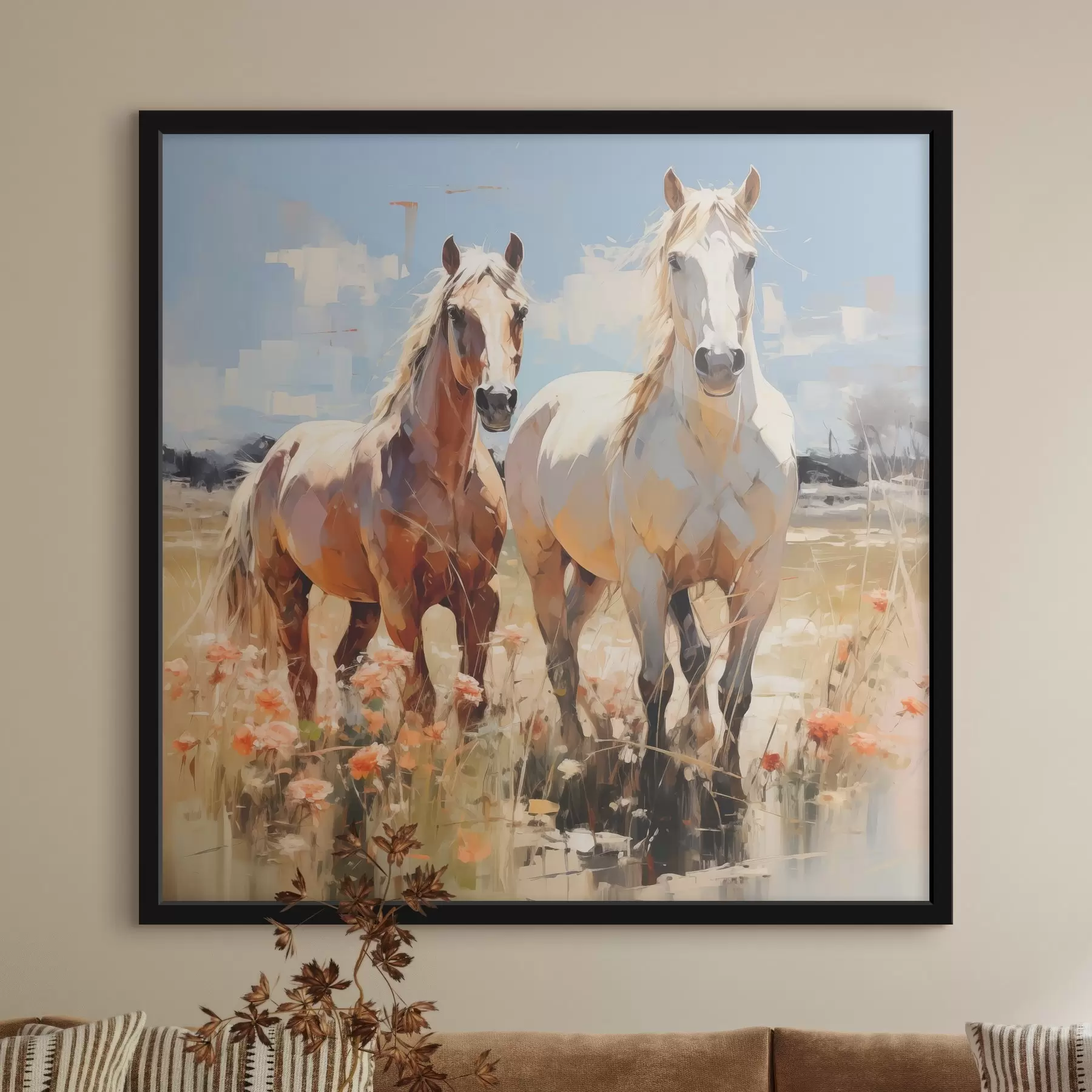 Tablouri Cai albi și maro pasc pe o pajiște printre flori sălbatice, pictură în ulei, artă abstractă f39187