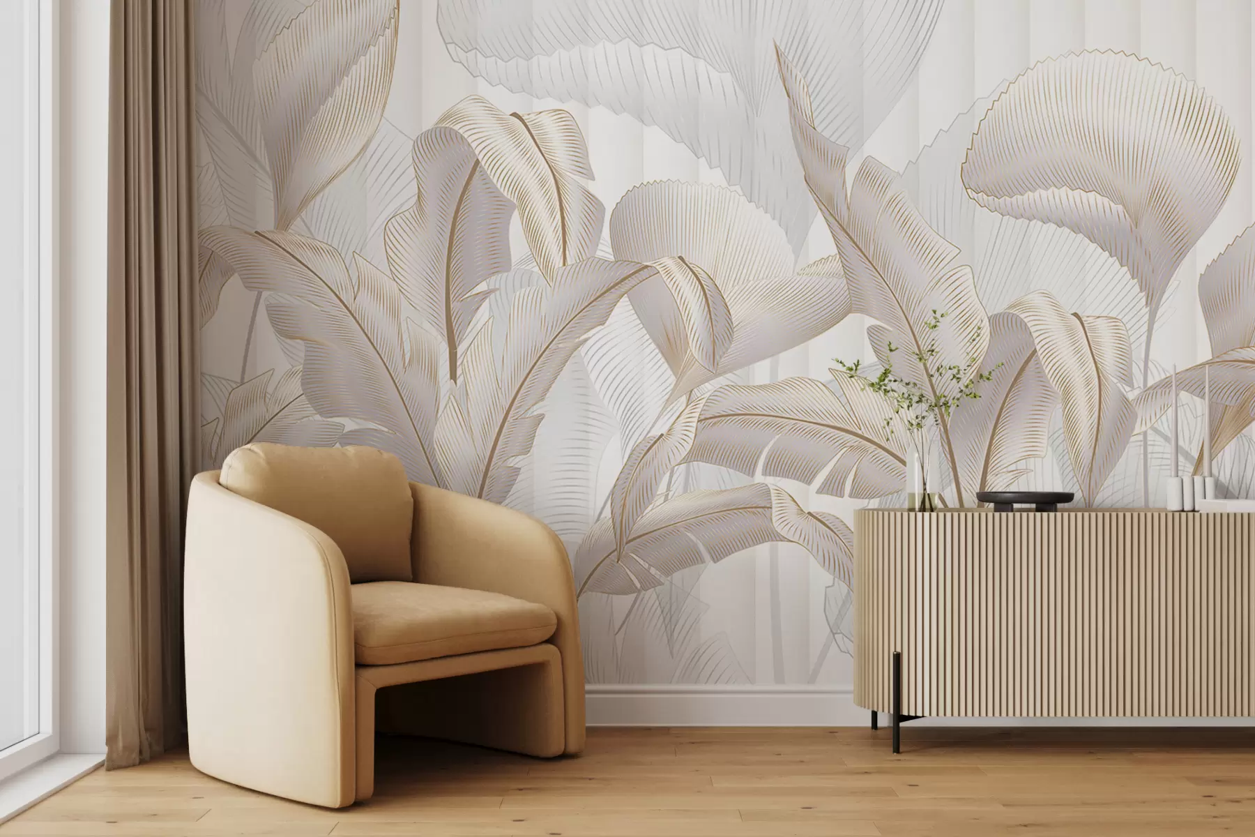 fototapet O vedere de aproape de frunze tropicale pe un fundal alb, cu fundal texturat w01237