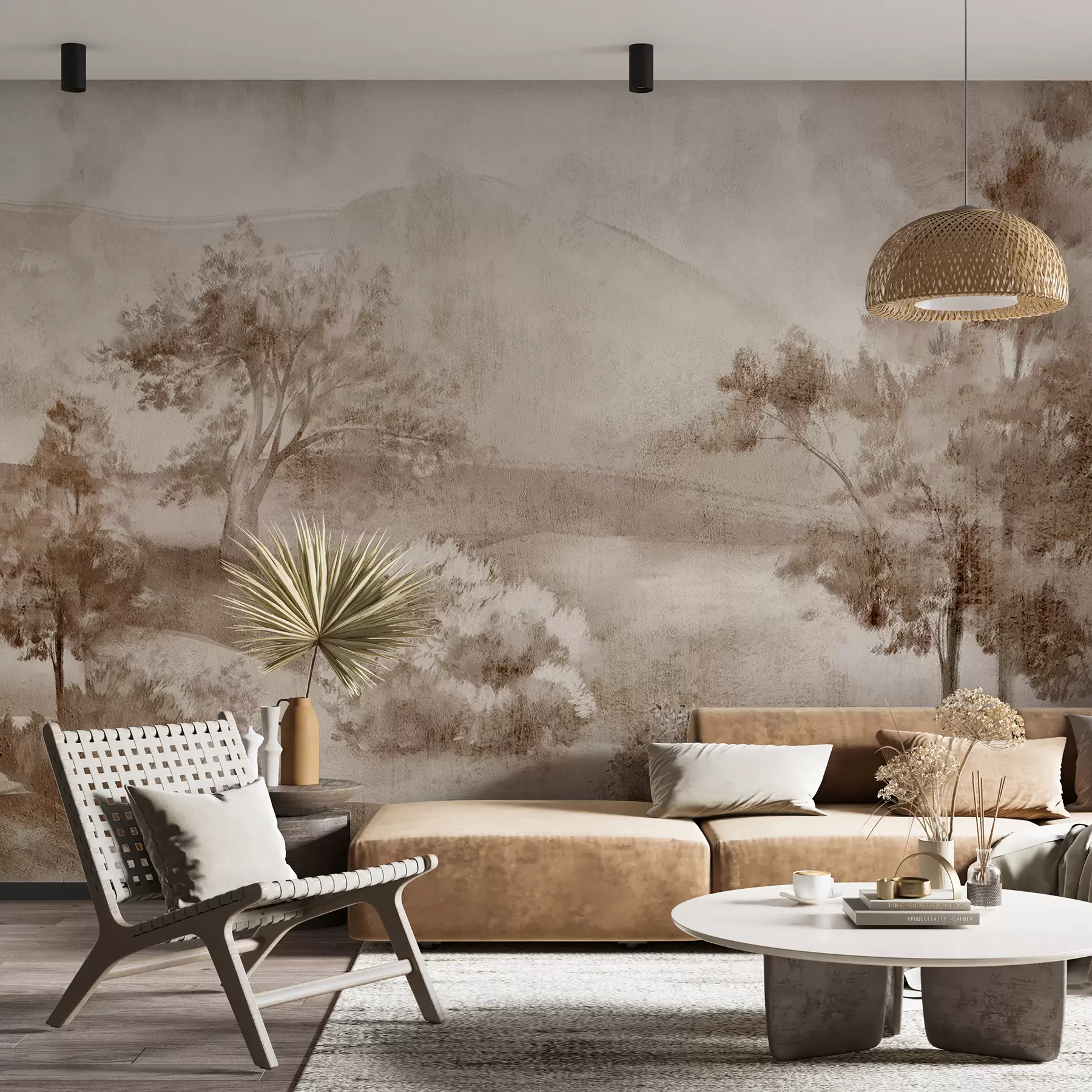 fototapet Pictură peisagistică a unei scene rurale cețoase înconjurată de copaci luxurianți și frunze în nuanțe de maro w01247