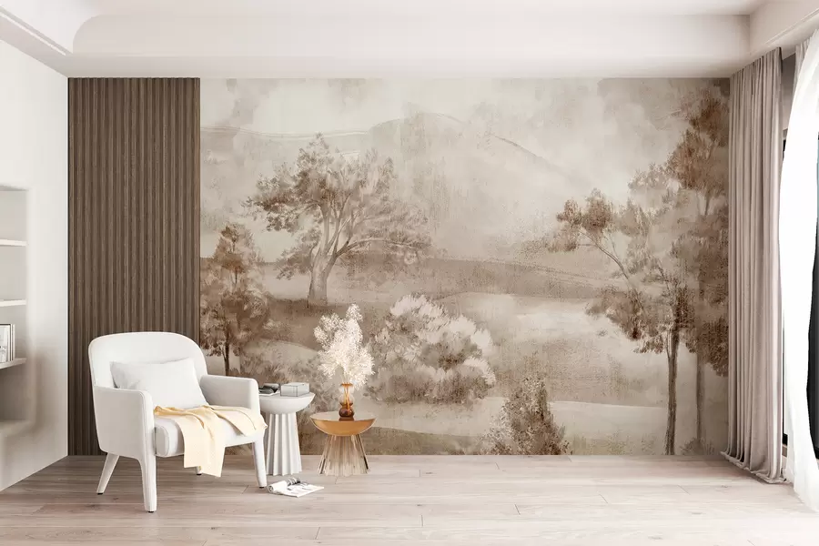 fototapet Pictură peisagistică a unei scene rurale cețoase înconjurată de copaci luxurianți și frunze în nuanțe de maro w01247