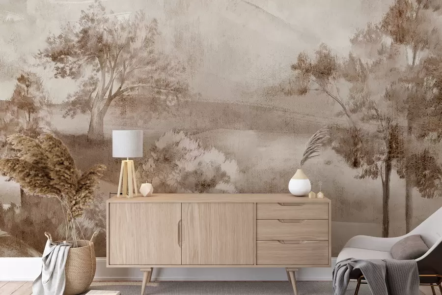 fototapet Pictură peisagistică a unei scene rurale cețoase înconjurată de copaci luxurianți și frunze în nuanțe de maro w01247